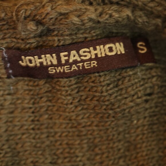 John Fashion Cardigan Sweater Open Front Draped Ruffles Knit Green Brown - Picture 8 of 11